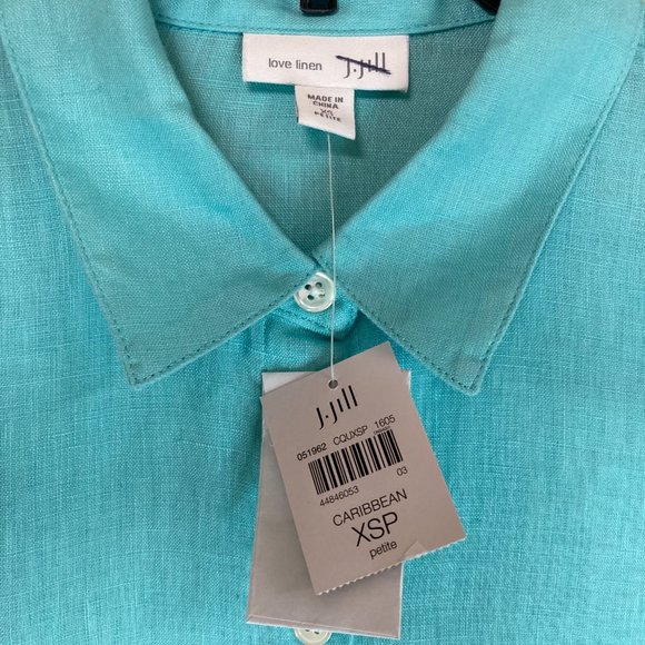 J Jill Women's Linen Button Front Tunic Size XS Petite, "Caribbean" Turquoise - Picture 4 of 8